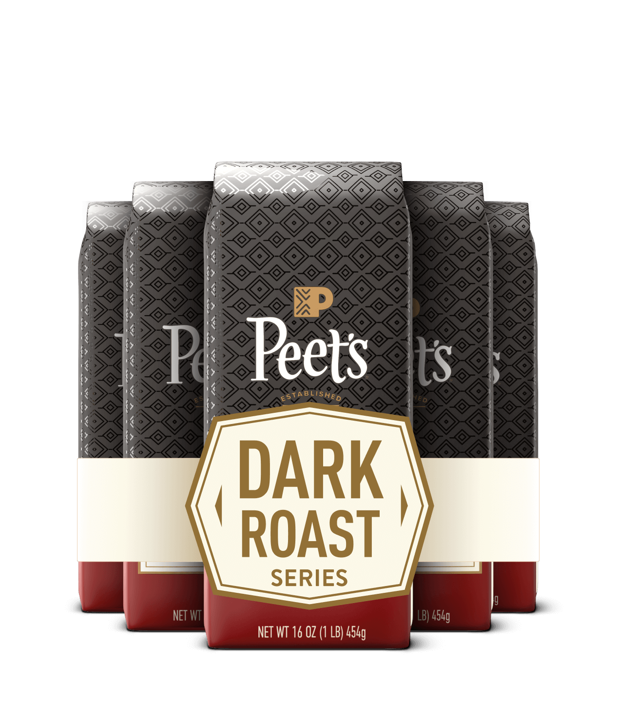 Peet's Dark Roast Coffee subscription with red coffee bags on a black background